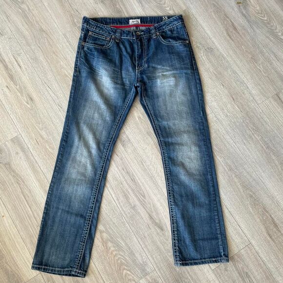 Embroidered Y2K Antique Rivet Jeans Men's 36 x 32 Denim Rocker Flap Pocket Retro - Picture 1 of 7